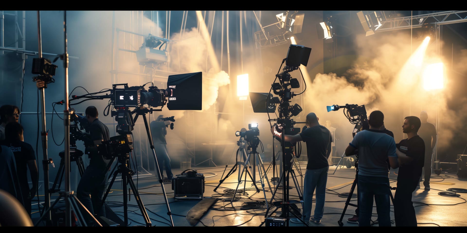 Film crew operating professional cinema cameras on a movie set