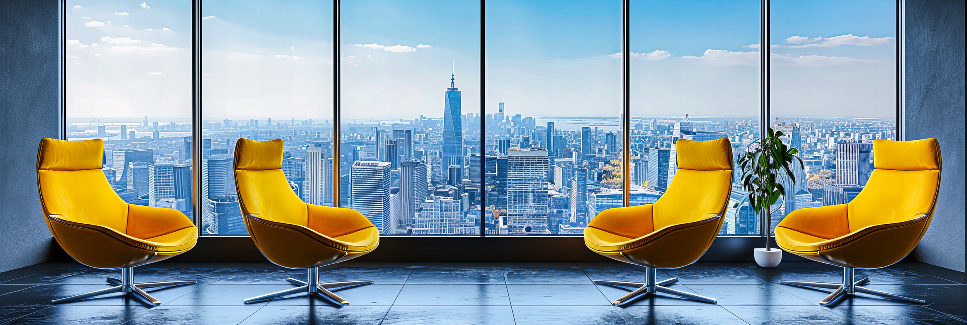 Manhattan skyline at sunset viewed from a modern office interior