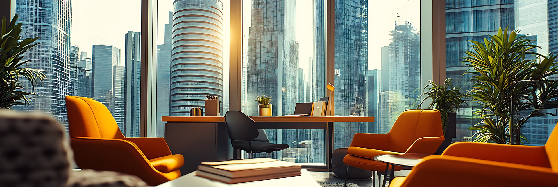 Modern office interior with panoramic city skyline view