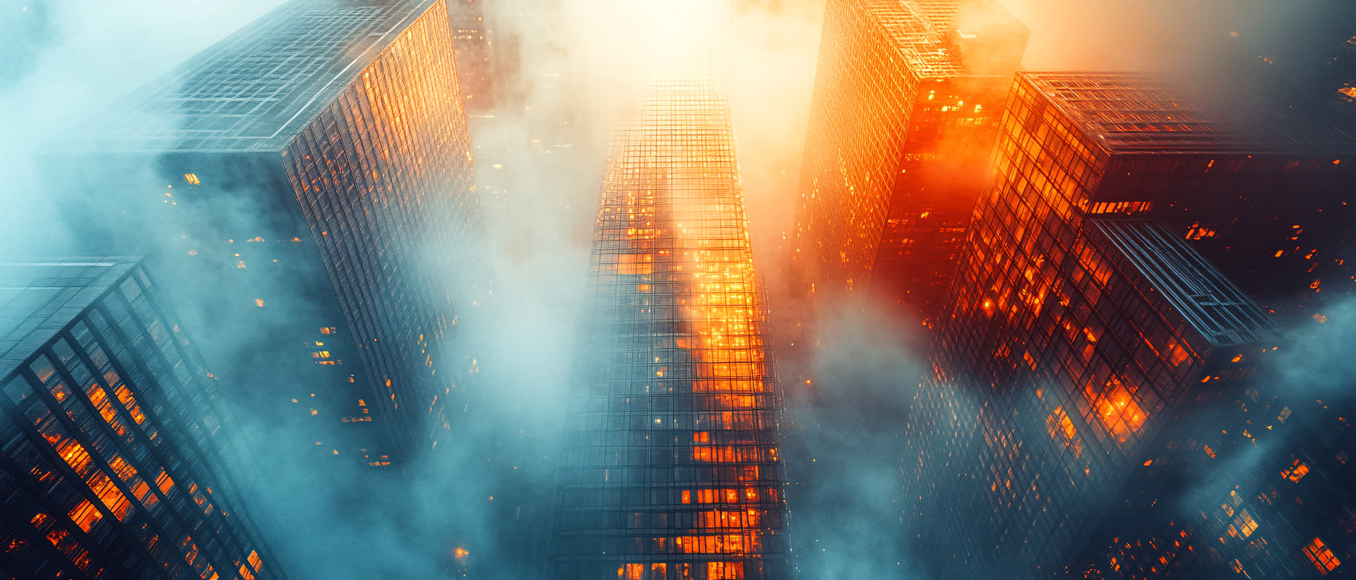 Modern skyscrapers emerging from morning fog